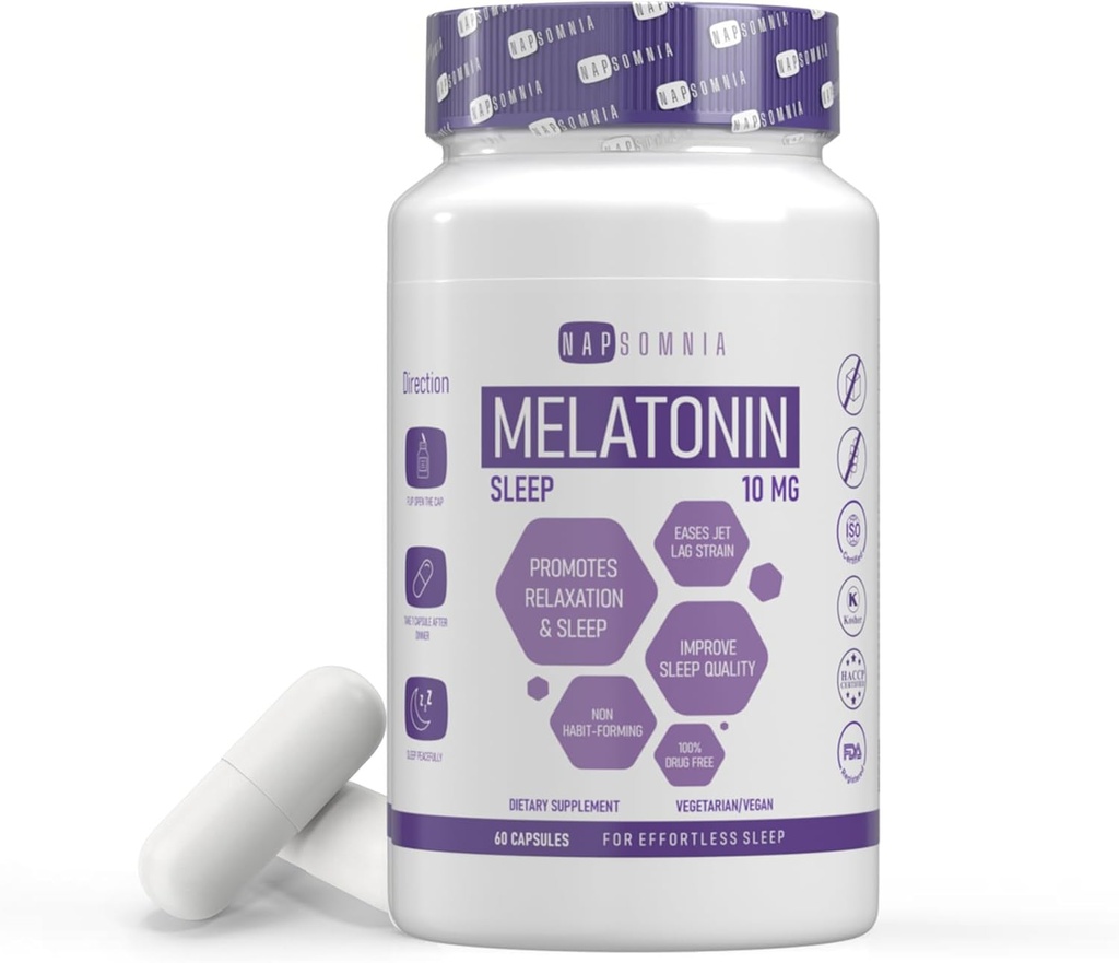 Melatonina para dormir para hombres y mujeres - Melatonina del sueño w / extracto de raíz de valeriana - Melatonina Vegan 10 Mg cápsulas - Ayuda para el sueño para adultos - Suplementos de sueño profundo para el dolor de la piel