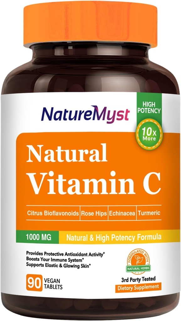 Vitamina C Tablet, 1000 mg, Forma Natural, Alta Potencia, Citrus Bioflavonoids, Rose Hip, Echinacea & Turmeric, Immune & Skin Health, 90 tabletas Vegan