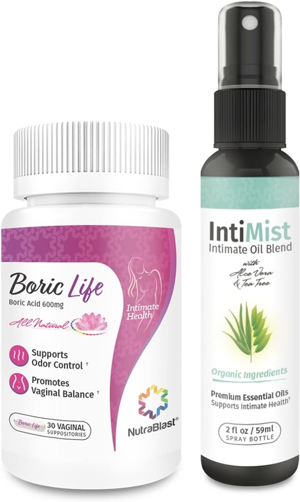 NutraBlast Boric Acid Vaginal Suppositories 600mg (30 Conde) w/Intimist Essential Oils Blend Spray (2 fl oz)