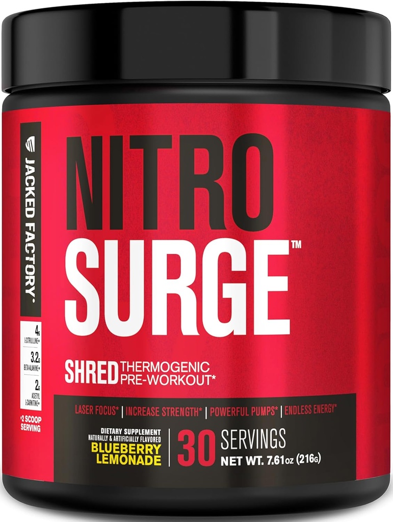 Fábrica de Jacked NITROSURGE Shred Pre Workout Suplemento - Energy Booster, Instant Strength Gains, Sharp Focus, Powerful Pumps - Nitric Oxide Booster &amp; PreWorkout Powder - 30Sv, Blueberry Lemonade