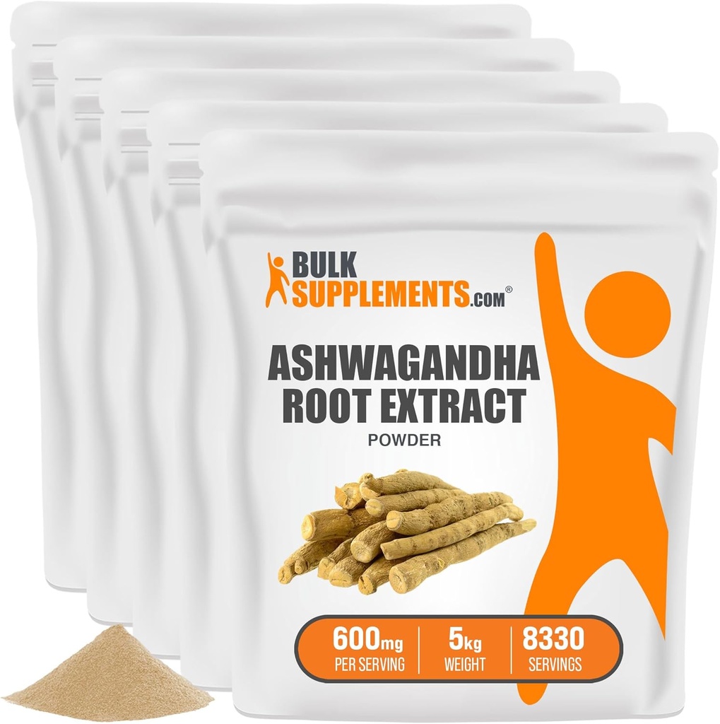 BulkSupplements.com Aswagandha Root Extract Powder - Ashwagandha Supplement, Ashwagandha Powder - from Ashwagandha Root - Vegan & Gluten Free, 600mg por Serving, 5kg (11 libras) (Pack of 5)