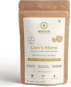 ROOTED Los Leones Mane Mane Mushroom Extract Powder USDA Organic, 38% Verified Beta Glucans sometido Cognition, Clarity, Focus &amp; Mood, Brain Health Support (4.23 Ounce)