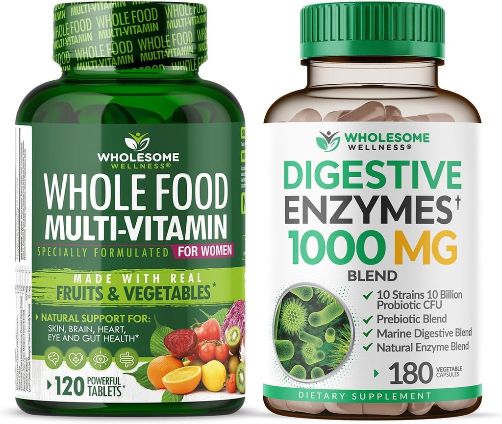 Wellness Whole Food Multivitamin for Women - Natural Multi Vitaminas, Minerales, Extractos Ecológicos Enzymes Digestive 1000MG Bundle