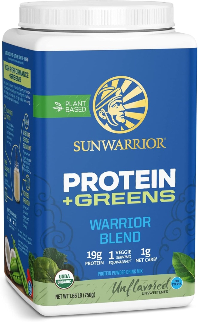 Sunwarrior Warrior Blend Protein Greens Powder Drink Mix ¦ BCAA Plant Based Organic Hemp Seed Vegan Gluten Free Non-GMO Low Carb Protein Powder  Unflavored 750 G 30 SRV