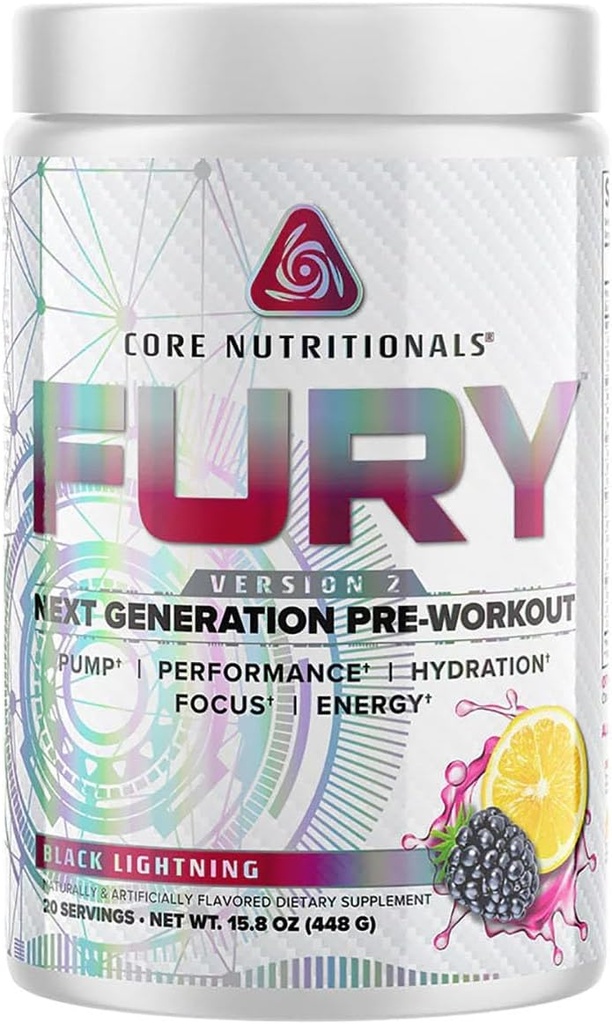 Nutrición básica Furia V2: Polvo de Pre-Workout para maximizar el rendimiento en el gimnasio W/Zum-XR® Caffeine, L-CItruline y Alpha GPC (40 Scoops) (Black Lightning)