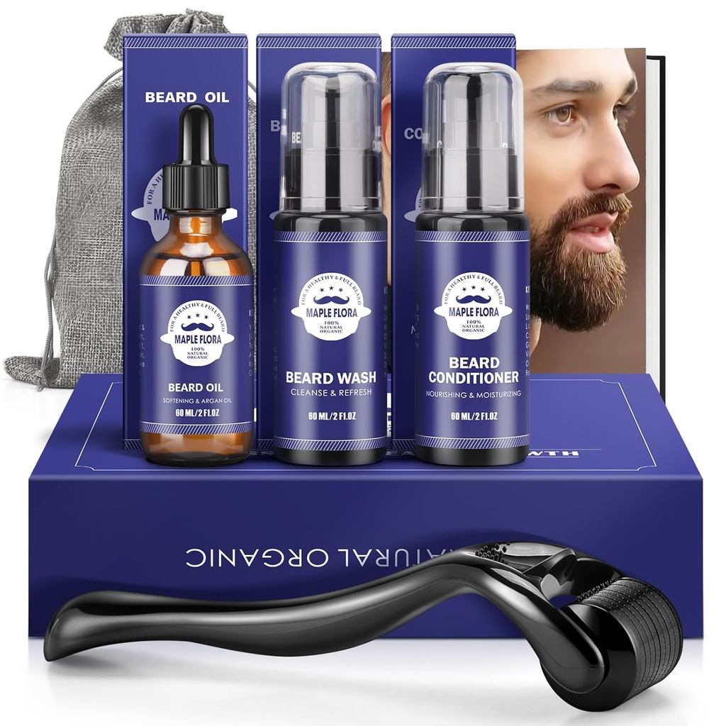 Beard Gift Kit - Oil,Wash,Conditioner, Roller (Duración completa: 0.25mm) para barba, bolsa de almacenamiento,Mustache Gifts Set for Boyfriend Husband Fathers Dad Men him