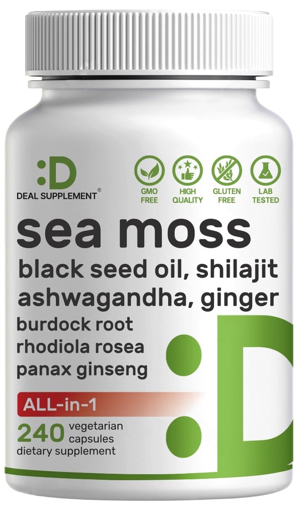 DEAL SUPPLEMENT Irish Sea Moss 7000mg Por Serving, 240 Veggie Capsules – 14 Superfood Complex – 3000mg Black Seed Oil, 2000mg Ashwagandha, 600mg Ginger