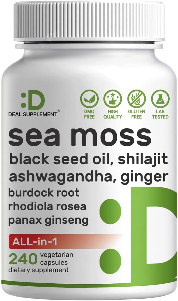 DEAL SUPPLEMENT Irish Sea Moss 7000mg Por Serving, 240 Veggie Capsules – 14 Superfood Complex – 3000mg Black Seed Oil, 2000mg Ashwagandha, 600mg Ginger