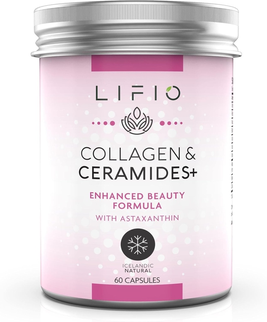 Collagen " Ceramides+, Fórmula de belleza mejorada con Astaxanthin " Biotin, Vitamina A, B2, B3, B12, C " D promueve la hidratación de la piel " Elasticity, Non-GMO, Gluten-Free, Soy-Free, 60 cápsulas