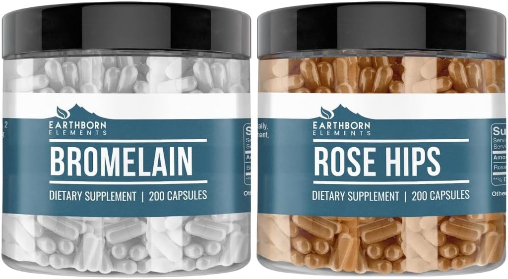 Elementos tercos Rose HIPS " Bromelain Capsule Bundle (200 capsules cada uno), Puro " Undiluted, No Additives