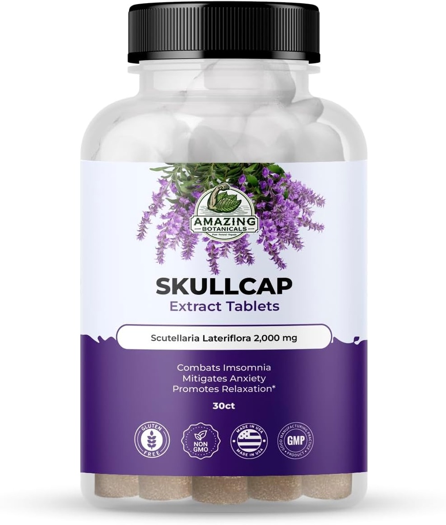 Amazing Botanicals Skullcap 10X Extract Tablets 2,000 mg - High Potency Herbal Supplement for Relaxation and Wellness - 30 Tablets