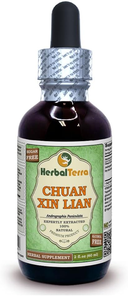 Chuan Xin Lian, Andrographis (Andrographis Paniculata) Glycerite, Dried Herb Extracto líquido libre de alcohol (Marca: HerbalTerra, Proudly Made in USA) 2 fl.oz (60 ml)