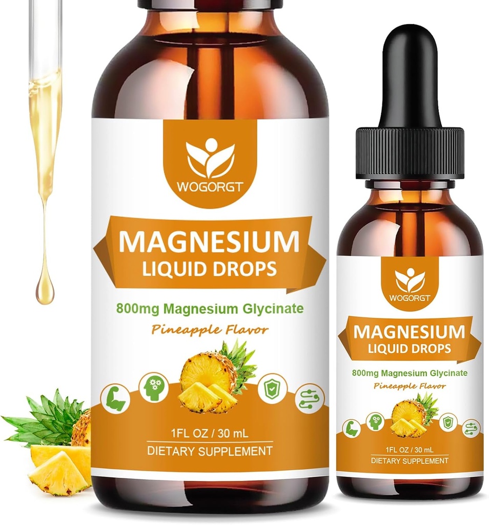 Gotas líquidas Glycinate de Magnesio con Citrato & Taurate - Cognición, Muscle & Focus, Suplemento Complejo de Magnesio Líquido con Vitamina D3, GABA, L-theanine, Pineapple Flavor - 1 Fl Oz (2 Pack)