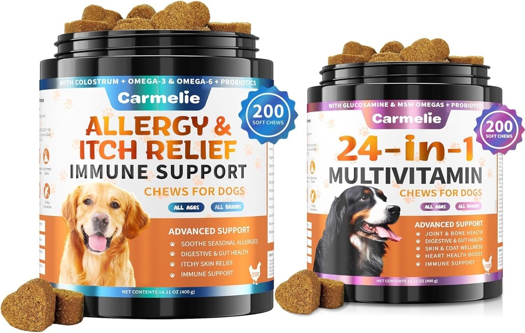 Alergia de perros Chews + Carmelie 24 en 1 Perro Multivitamínico Chewable - 400 Treats - Alivio Estacional de Alergia + Vitaminas de Perro para Hip " Conjunto, Esquí y Carne, Salud Inmune (Chicken Flavor)