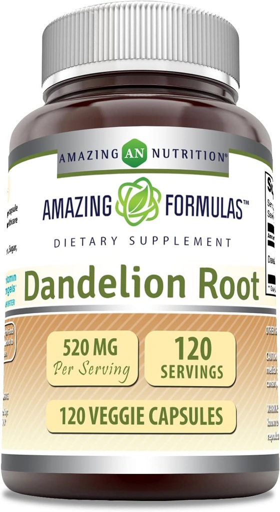 Amazing Formulas Dandelion Root (Taraxacum Officinale) Suplemento TEN 520 Mg Por Serving TEN 120 Veggie Capsules ← Non-GMO TEN Gluten-Free TEN Made in USA