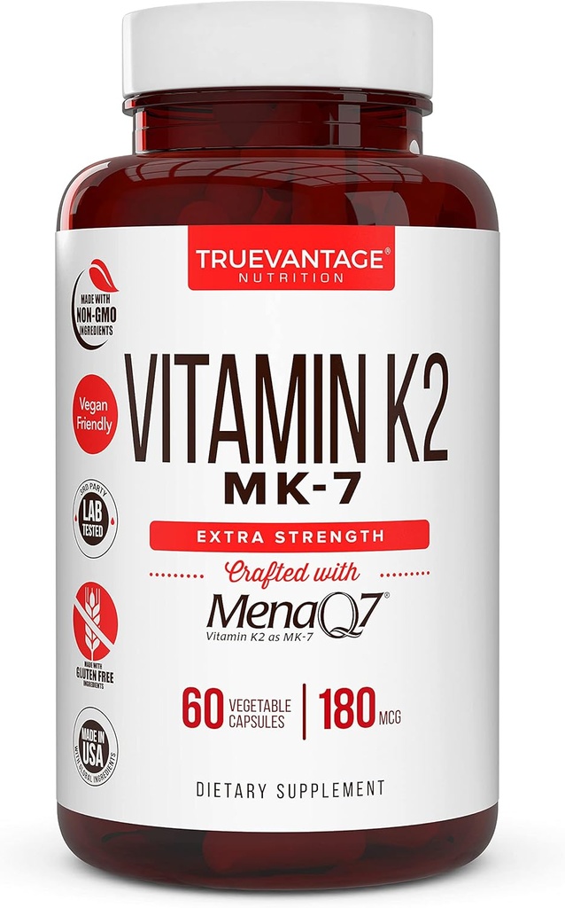 Vitamina k2 MK-7 Suplemento 180mcg -Vitamin K2 soporta la salud ósea y cardíaca para la absorción de calcio cardiovascular de las arterias- 60 capas vegetales fáciles de absorber de MenaQ7 K2 MK7