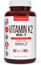 Vitamina k2 MK-7 Suplemento 180mcg -Vitamin K2 soporta la salud ósea y cardíaca para la absorción de calcio cardiovascular de las arterias- 60 capas vegetales fáciles de absorber de MenaQ7 K2 MK7