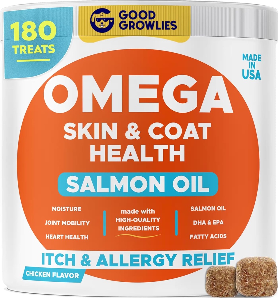Omega 3 Alaskan Fish Oil Treats for Dogs (180 Ct) - Dry desplazadasItchy Skin + Alergía - Shiny Coats - EPA plagaDHA Ácidos grasos - Píldoras de aceite de salmón natural - Pollo Turquía