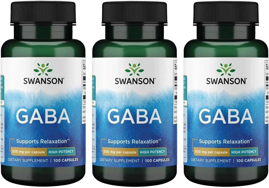 Swanson GABA - Suplemento Aminoácidos Promoción de la calma " Relajación para apoyar el sueño relajante - Fórmula de alta potencia para apoyar los niveles de estrés saludable - (100 cápsulas, 500 mg cada uno) (3 Pack)