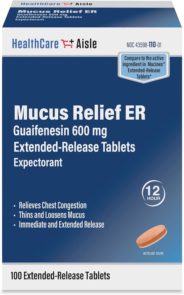 HealthCareAisle Guaifenesin 600 mg Extended Release - 100 Tablets - Mucus Relief Expectorant for Chest Congestion Relief