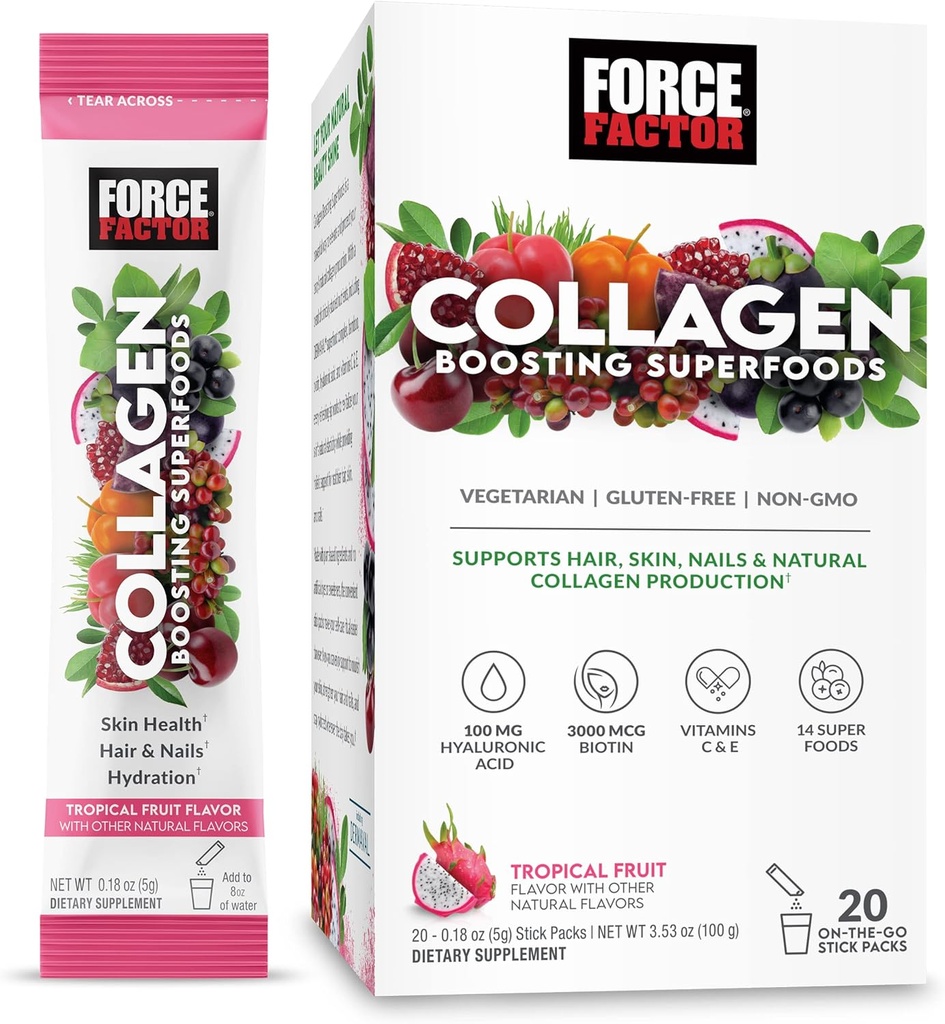 Factor de fuerza Collagen Boosting Superfoods with Biotin, Hyaluronic Acid, Bamboo, y Hair, Skin, and Nails Vitamins, Nail Strengtheninger and Skin Supplement, Tropical Fruit Flavor, 20 Stick Packs