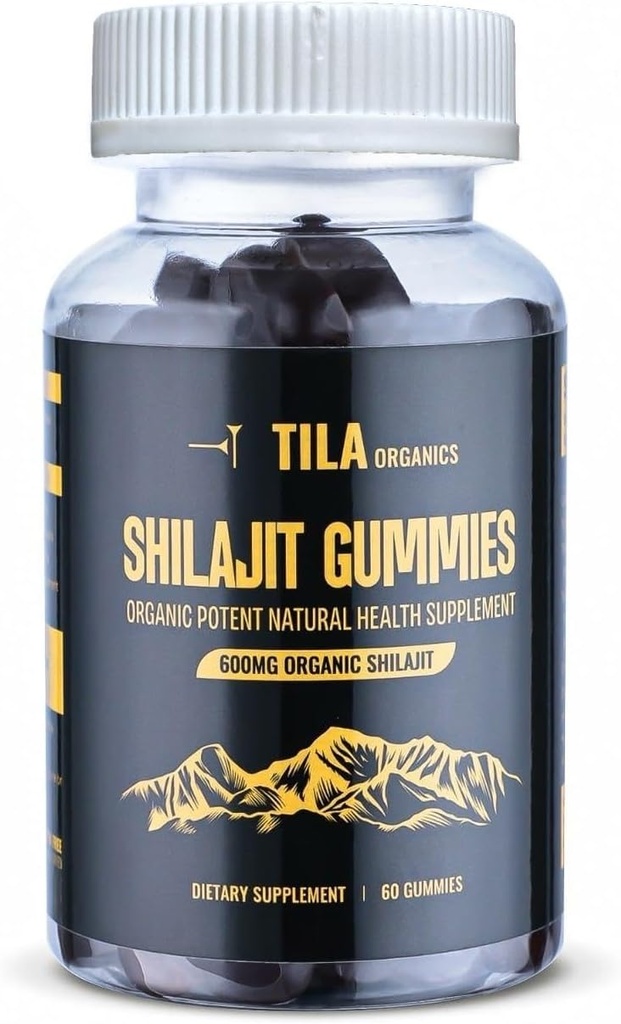 Tila Organic Himalayan Shilajit Resin Soft Gels - 60 Gummies, 600 mg- Suplemento Natural para Mujeres Hombres con Más de 85 Minerales Trace, Ácido Fulvico y Ácido Húmedo Vegan Gluten Gratis