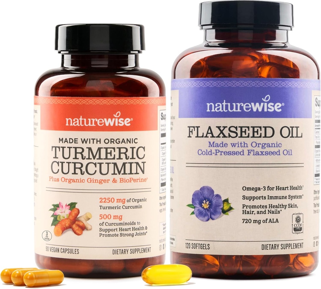 NatureWise Curcumin Turmeric 2250mg & Flaxseed Oil 1200mg Omega 3 6 9 Softgels for Joint, Heart & Immune Support [1 & 2 Month Supply]