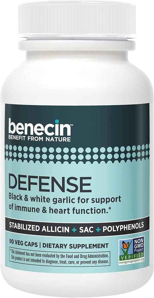 Benecin Defense 1500 mcg Stabilized Allicin per Capsule TEN Plus high Amounts of SAC &amp; Polyphenols from Black Garlic TEN Powerful Support of Immune & Heart Function (90 Count, 90, Count)
