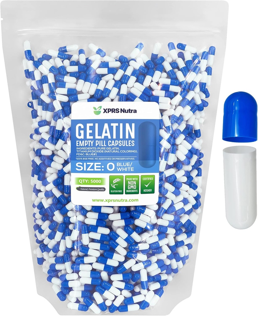 XPRS Nutra Size 0 Empty Capsules - 5000 Conde Empty Gelatin Capsules - Pills DIY Capsule Filling - Pure Bovine Pill Gel Caps for Do-It-youself Supplements (Blue/White)