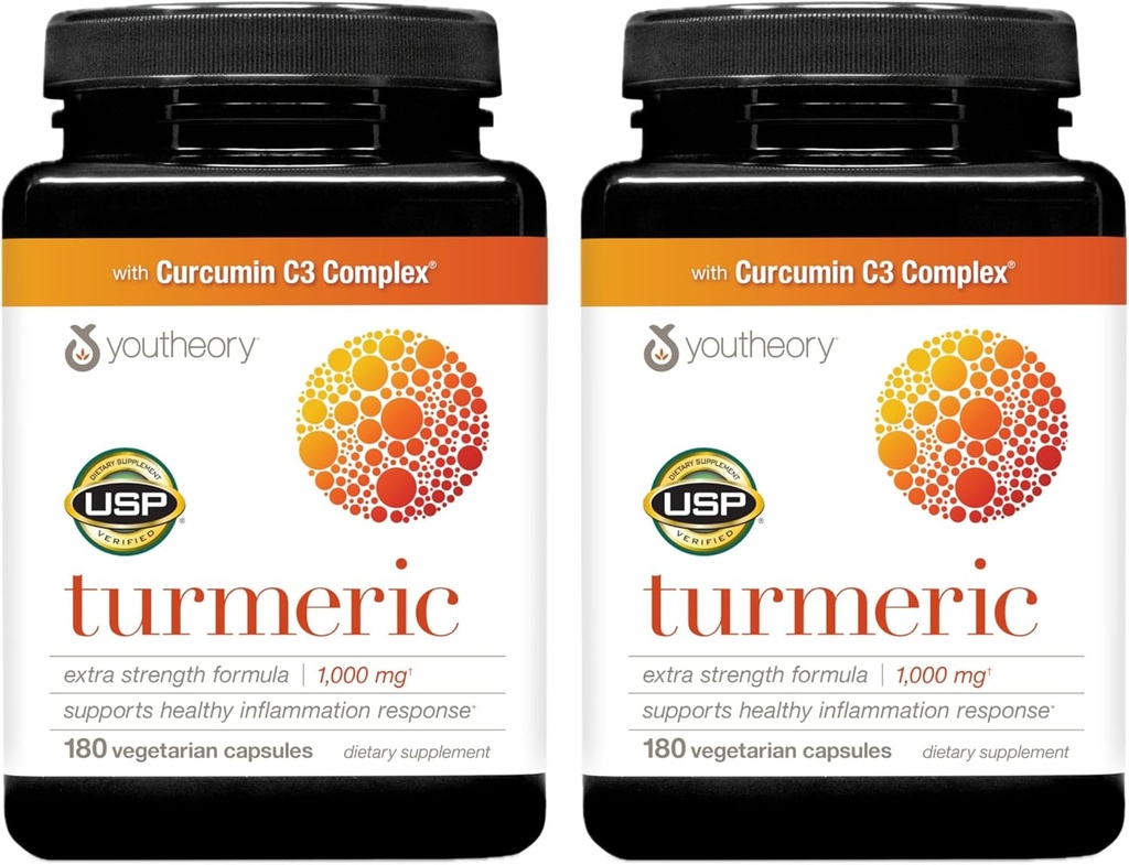 Youtheory Turmeric Extra Strength - 1,000 mg - Supports Muscle & Joint Health* - Contains Bioenhancers, Curcuminoids & Herbal Extracts - USP Verified - 180 Vegetarian Capsules, 2 Pack (180-Day Supply)