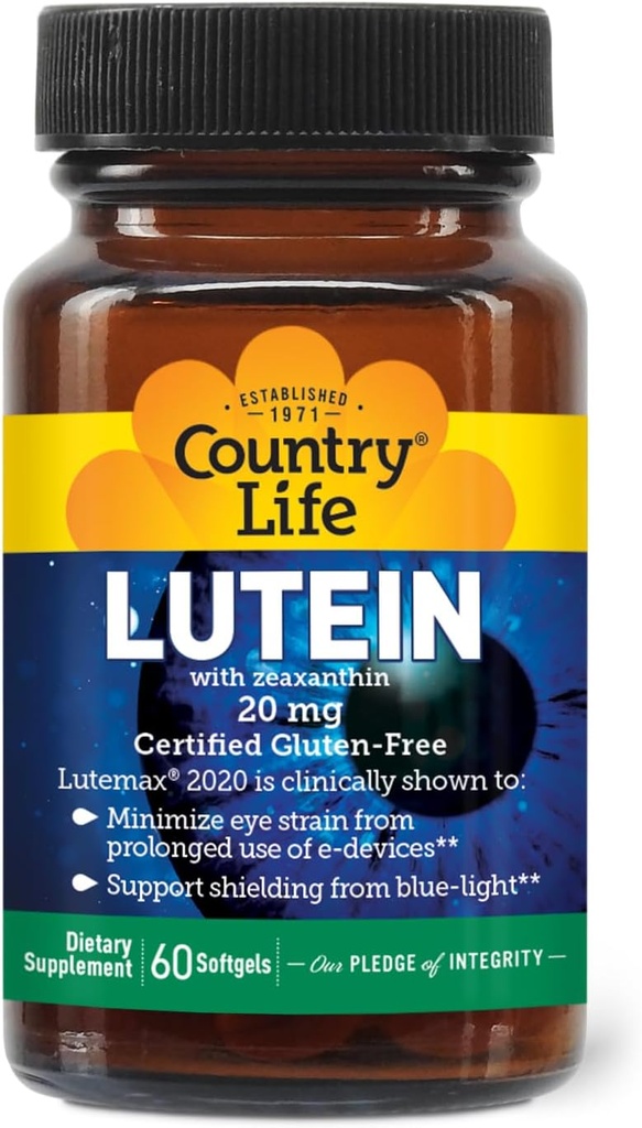Country Life Lutein 20 mg Suplemento - Certified Gluten-Free - Eye Health Support with Lutein and Zeaxanthin - Reduce el estrecho de ojos de las pantallas - No levadura, maíz, trigo, leche - 60 Softgels