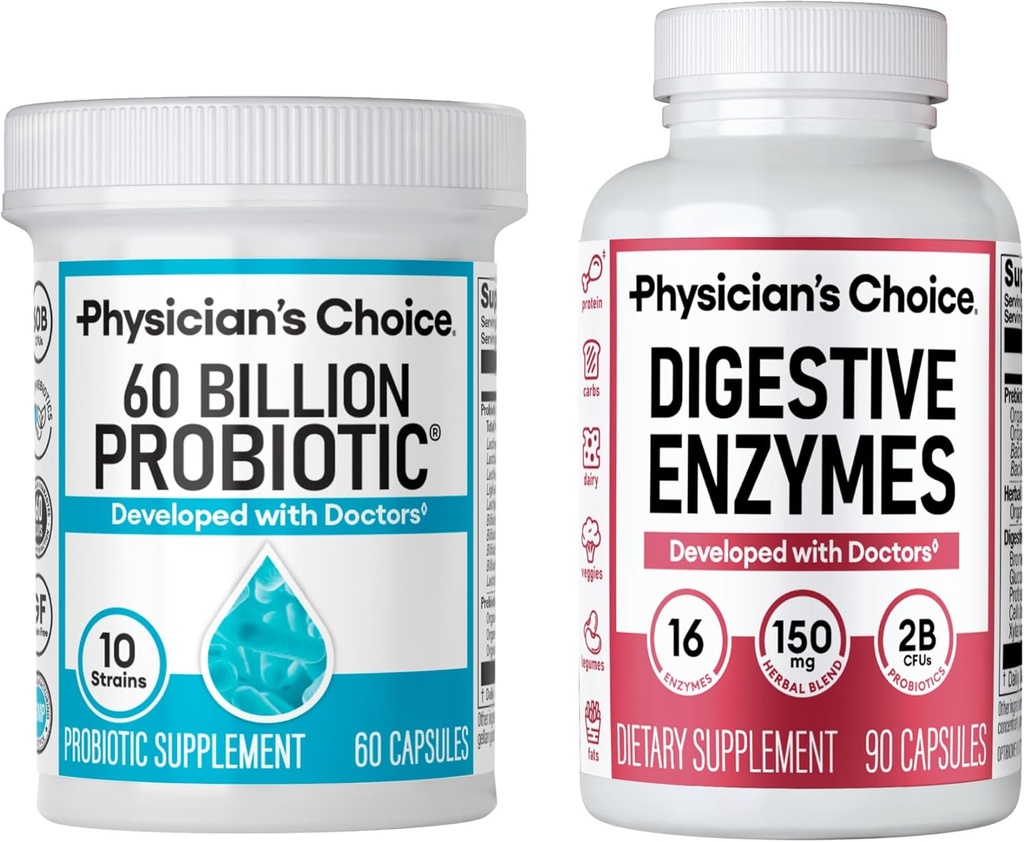 Fisiciano's CHOICE - Optimal Gut Health Bundle: 60 Billion Probiotic 60ct + Digestive Enzymes 90ct for Digestive Comfort and Immune Support