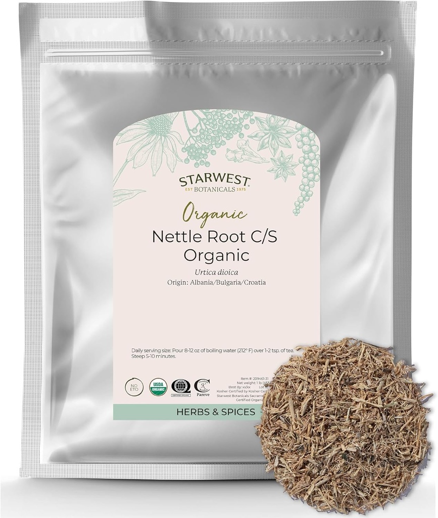 Starwest Botanicals Nettle Root Organic - Dried Stinging Nettle Root, Loose Leaf Herb for Tea, Soups, Stews, " Broths, Urtica Dioica, Cut " Sifted, Certified Kosher, Non-GMO - Bulk 1 lb Bag