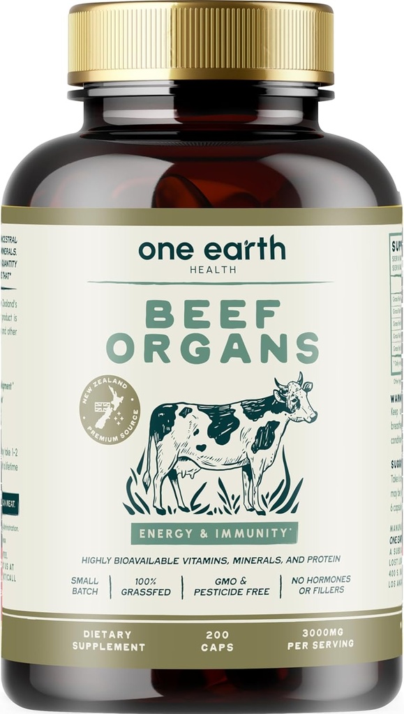 One Earth Health New Zealand 100% Grass Fed Beef Organs – (200 Count, 3000mg Serving) Liver, Heart, Kidney, Pancreas, Spleen Supplement. Complejo de carne de órgano procedente de Nueva Zelandia