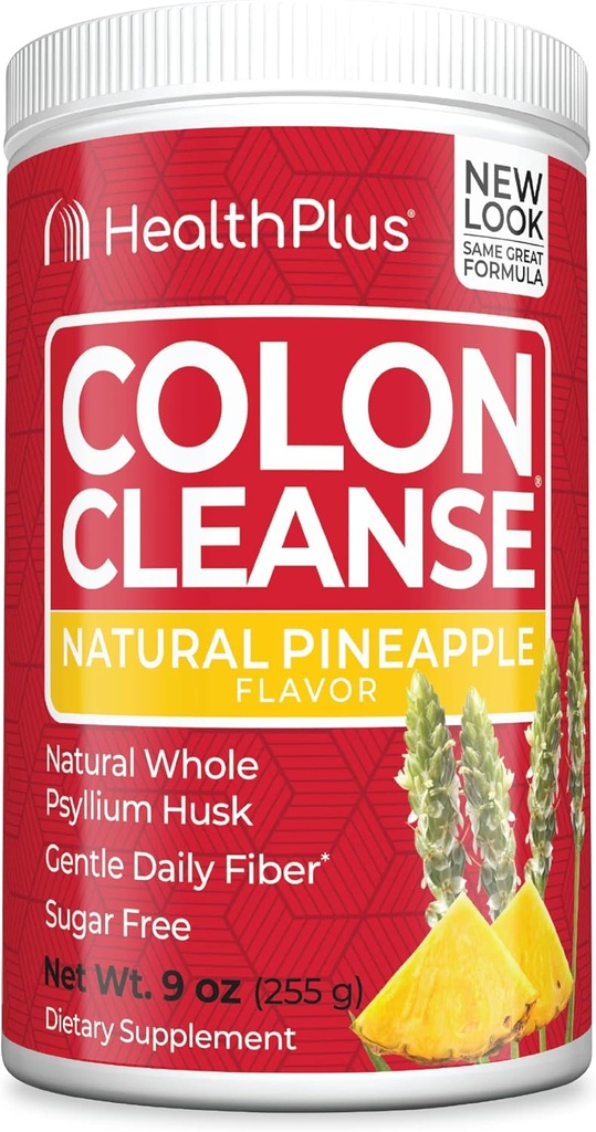 Health Plus Colon Cleanse Digestive Support ← No Artificial Flavors ← Daily Fiber for Toxin Elimination to Reduce Bloating ← Psyllium Husk ANTE Pineapple Flavor ← 9 Ounces, 36 Servings