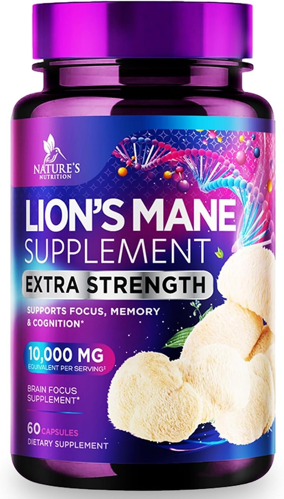 Lions Mane Mushroom Capsules 10,000mg - Lion’s Mane Supplement Capsules for Memory and Focus Support, Brain, Immune Health Support, Vegan, Bottled in USA, Lions Mane Mushroom Powder Extract, 60 Count