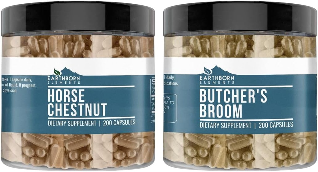 Elementos del Caballo Chestnut y Butcher's Broom Bundle, 200 Capsules Cada uno, Puro &amp; Undiluted, No Additives