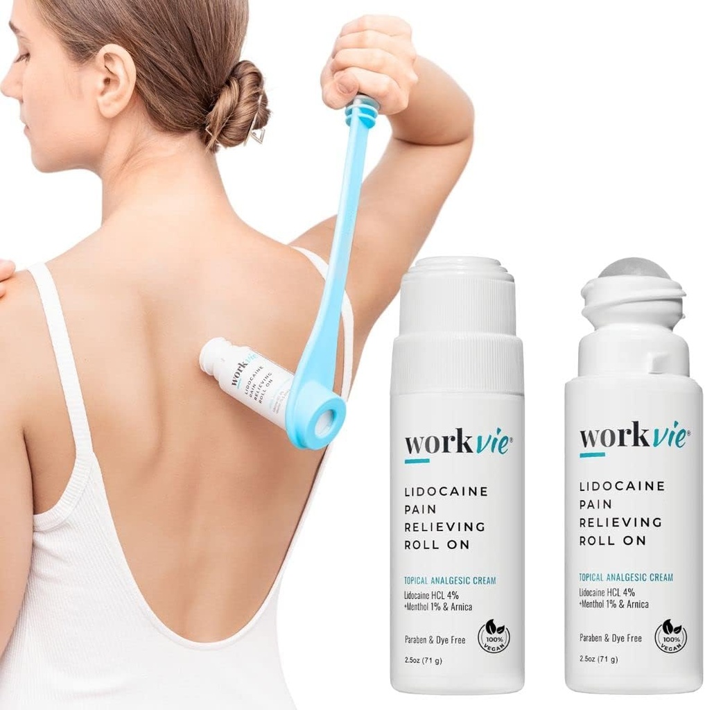 Lidocaine Pain Relief Roll On 2 Pack & Easy Reach Applicator Tool – Fast Acting Topical Lidocaine Maximum Strength with Arnica Montana &amp; Aloe Vera for Muscles, Joints, Back, Neck &amp; Feet