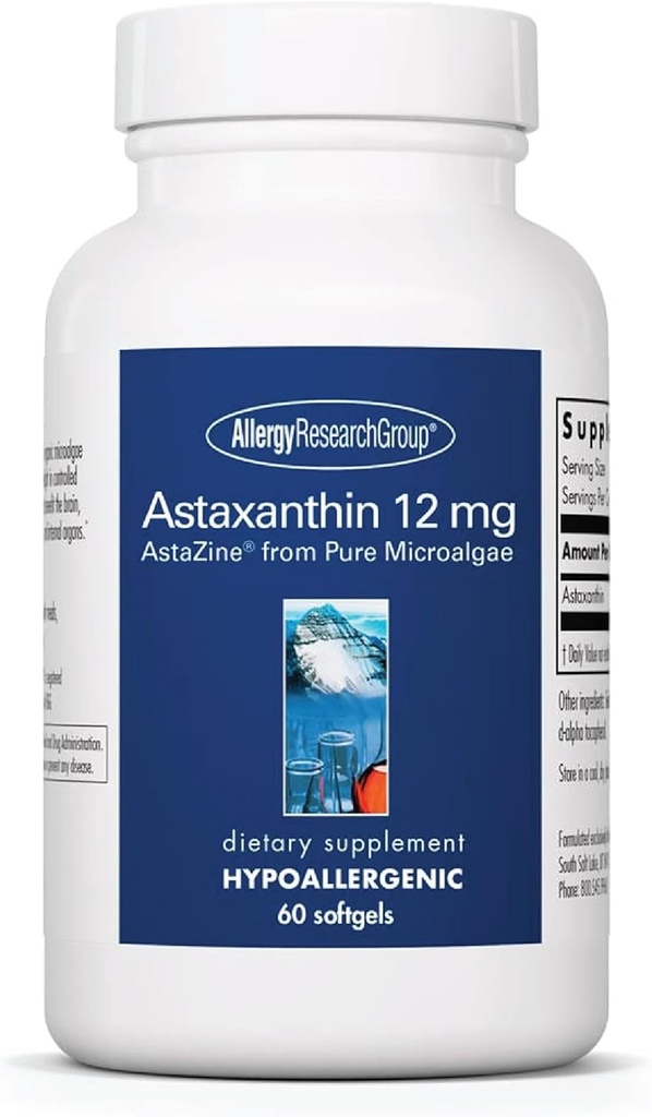 Allergy Research Group Astaxanthin 12mg Suplemento - de Microalgas Orgánicas, Salud Ocular, AstaZine Astaxanthin, Antioxidante Natural, Salud de la Esquía, Apoyo a la Función del Cerebro, Softgels - 60 Cuenta