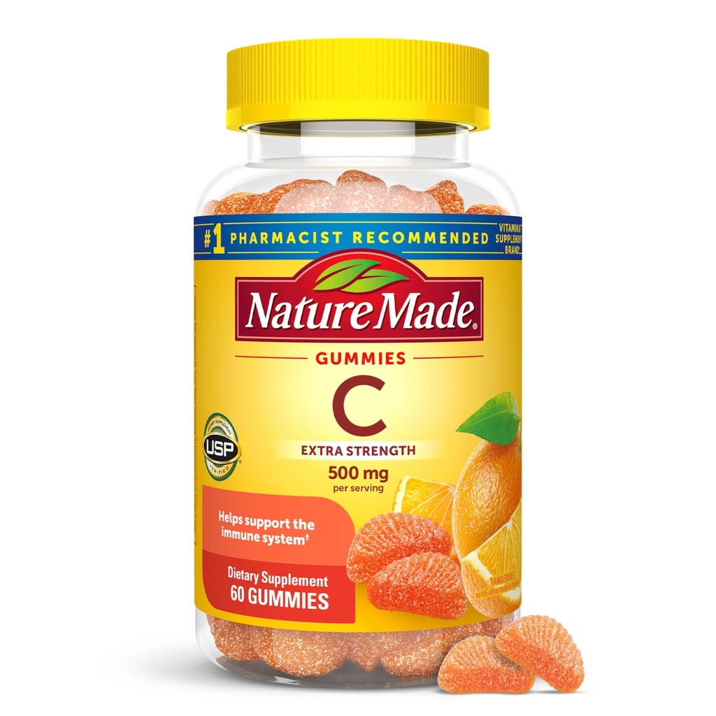 Vitamina C 500 mg por por porción, Suplemento dietético para soporte inmunitario, 60 Gummies, 30 Day Supply