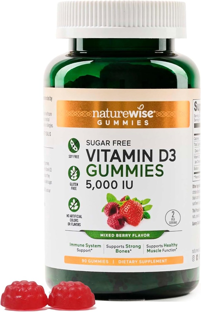 NatureWise Vitamin D3 5000 IU Gummies - Sugar-Free Mixed Berry Flavor - Vitamin D Gummies for Adults, Supports Immunity, Muscle & Bone Strength -Gelatin-Free, Non-GMO - 90 Gummies[45-Day Supply]