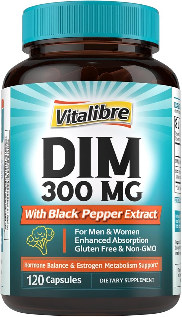 Suplemento DIM para Hombres, metabolismo estrógeno, equilibrio hormonal " Apoyo a la menopausia, DIM 300 mg con extracto de cobre negro, alta absorción, 120 cápsulas