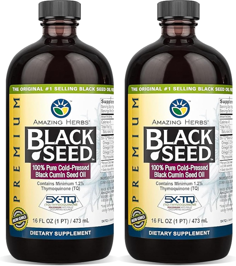 Amazing Herbs Premium Black Seed Oil - Gluten Free, Non GMO, Cold Pressed Nigella Sativa Aids in Digestive Health, Immune Support, Brain Function - 16 Fl Oz (Pack of 2)