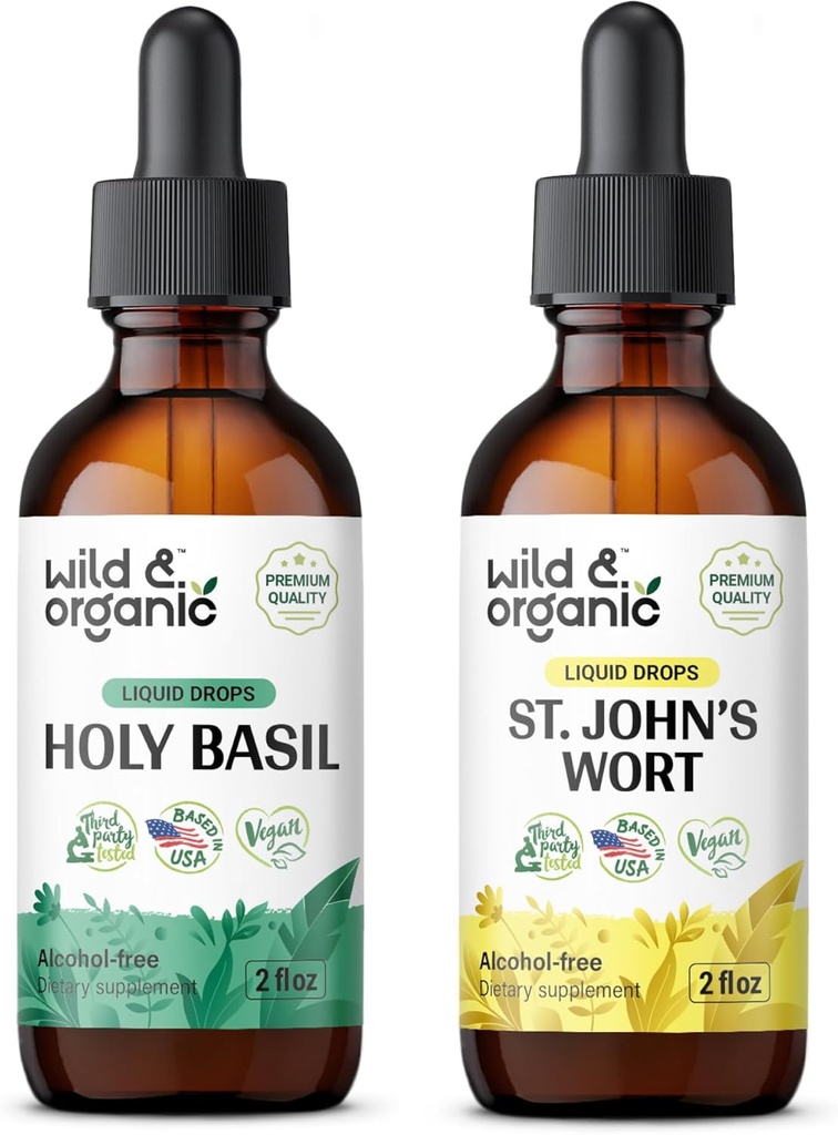 Wild &amp; Organic Holy Basil Tincture 2 fl oz &amp; St Johns Wort Tincture 2 fl oz