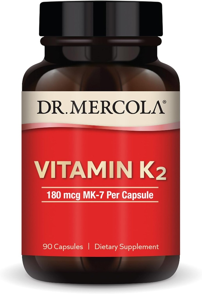 Dr. Mercola Vitamina K2-180 mcg Vitamina K2 como MK-7 - Apoya Función Arterial saludable " Salud cardíaca - Sin gluten " sin gluten " sin lácteos - 90 cápsulas (90 piezas)