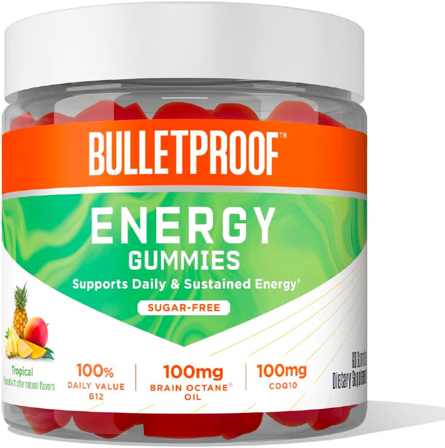 Bulletproof Sugar-Free Tropical Energy Gummies, 60 Conde, Suplemento de Energía Sostenida diaria con 100 mg CoQ10, Valor diario de B12, 100 mg Brain Octane Oil