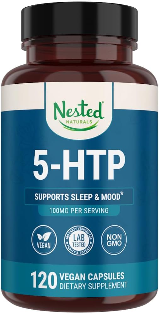 Naturales anidados 5-HTP 100 mg (5-hidroxitryptofan) - Apoyo al sueño y el mood - 5HTP Suplemento para la serotonina natural - 120 no GMO, cápsulas veganas