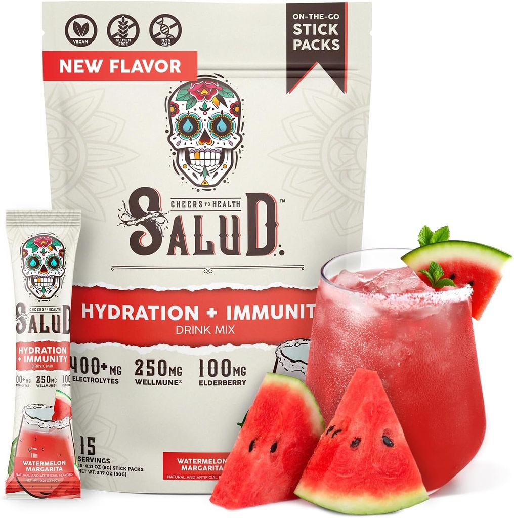 Salud 2-en-1 Hidratación y electrolitos de inmunidad Polvo, sandía Margarita - 15 Serviciones, Agua Fresca Bebida Mix, Elderberry, Dairy &amp; Soy Gratis, No Gluten Free, Vegan, Baja Calorie, 1G Sugar