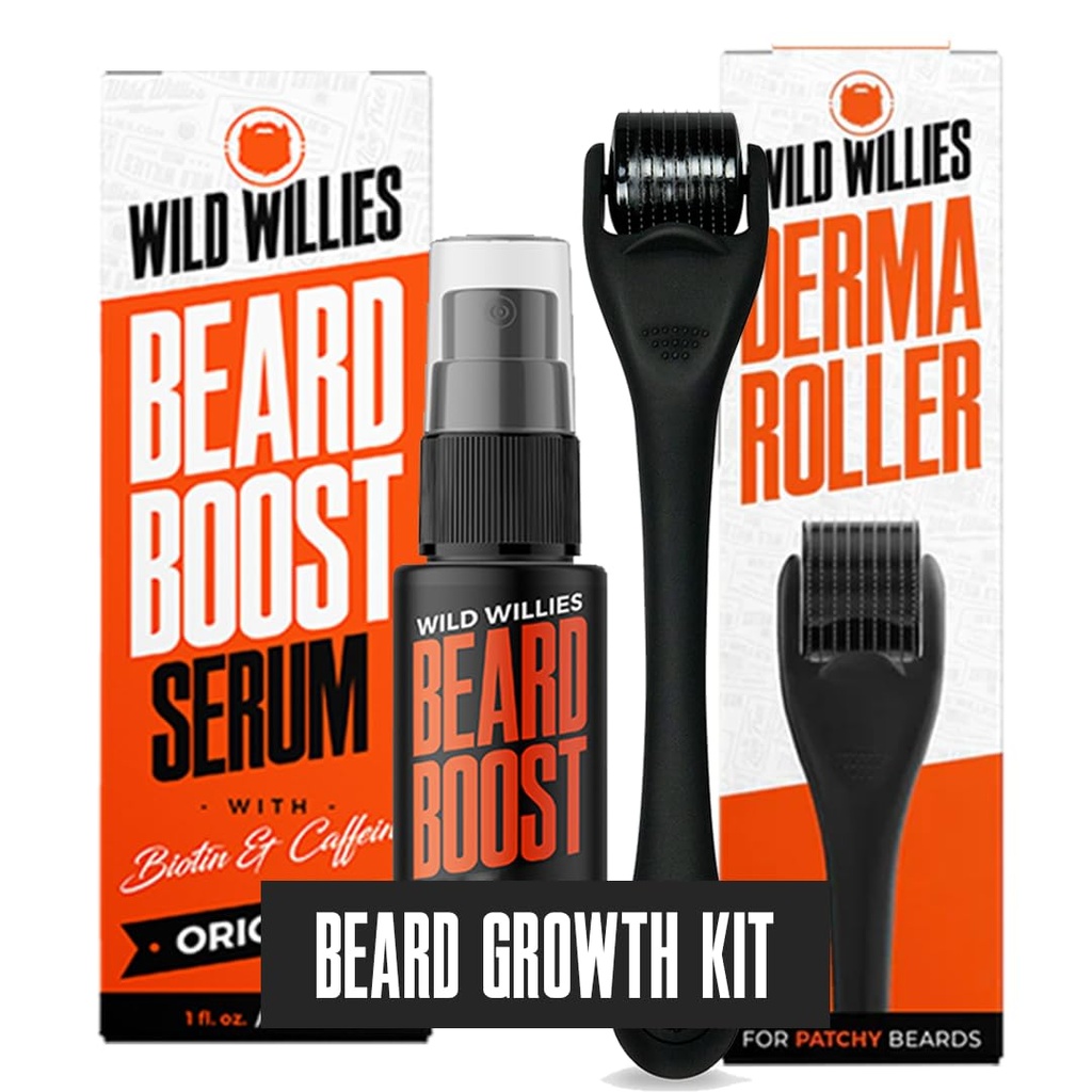 Wild Willies Beard Growth Kit - Premium Derma Roller & Beard Boost Serum - Microneedle Roller & Beard Hair Growth Serum with Biotin & Caffeine for Fuller Beard, Scalp Care - Easy to Use Kit with Case