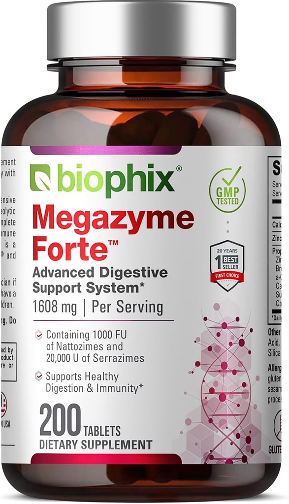 biophix Megazyme Forte 200 Tablets - Enzimas Proteolíticos Naturales Nattozimes Serrazimes Soporta un sistema digestivo Immune Health